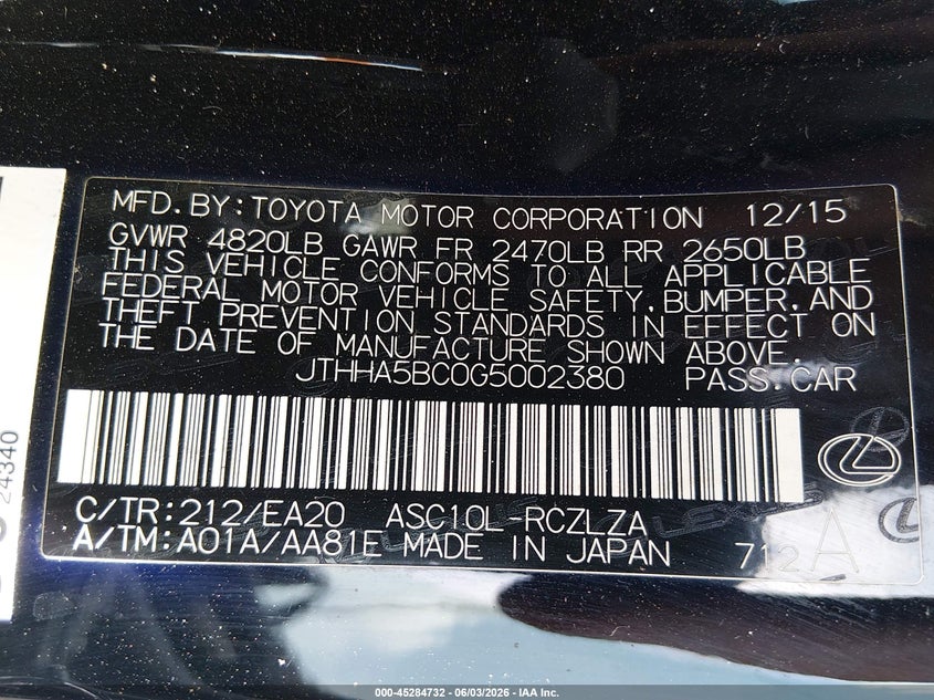 2016 Lexus Rc 200T VIN: JTHHA5BC0G5002380 Lot: 45284732