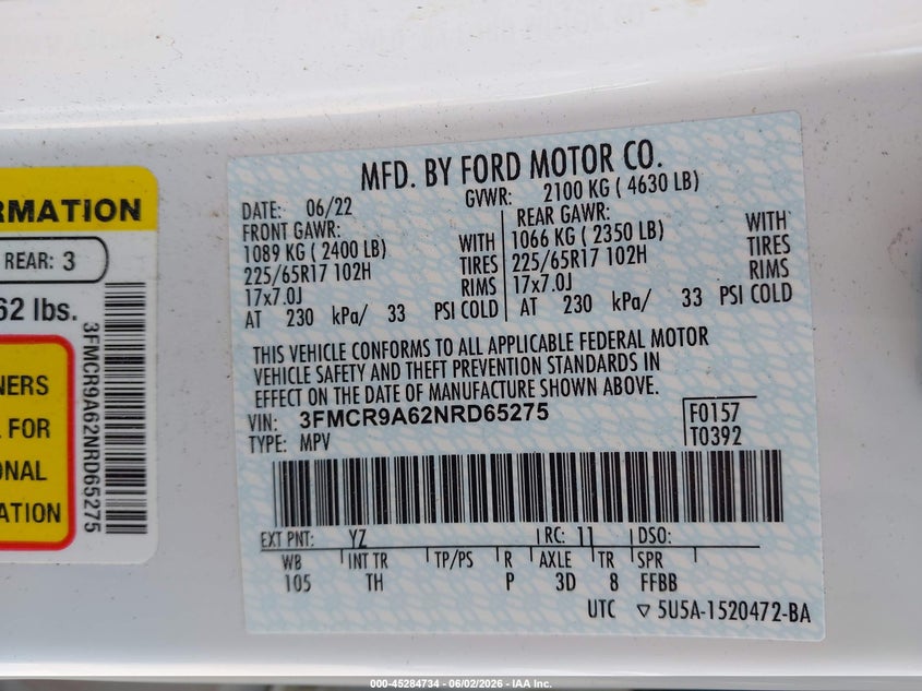 2022 Ford Bronco Sport VIN: 3FMCR9A62NRD65275 Lot: 45284734