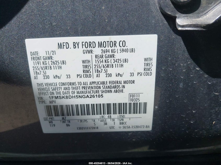 2022 Ford Explorer Xlt VIN: 1FMSK8DH5NGA26105 Lot: 45284813