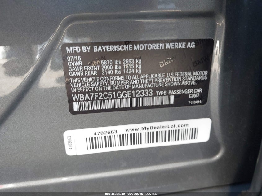 2016 BMW 750I xDrive VIN: WBA7F2C51GGE12333 Lot: 45284842