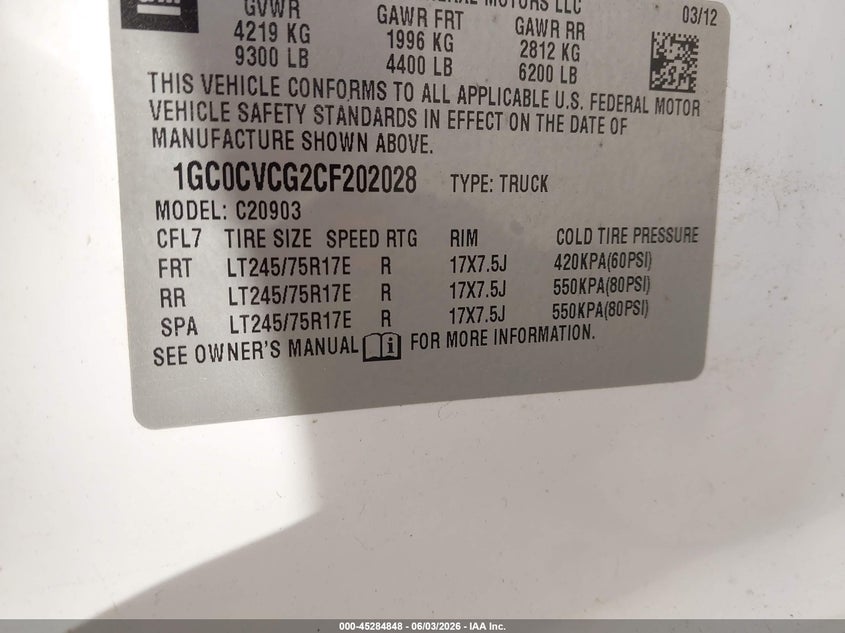 2012 Chevrolet Silverado 6.0 2500Hd Work Truck white Lot 111045284848 Vin 1GC0CVCG2CF202028