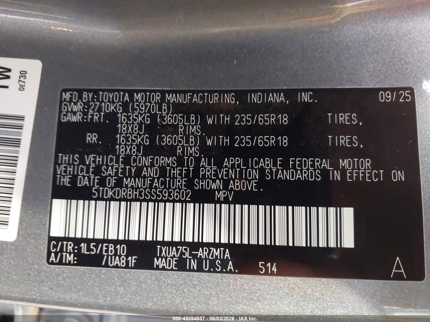 2025 Toyota Highlander Xle VIN: 5TDKDRBH3SS593602 Lot: 45284857