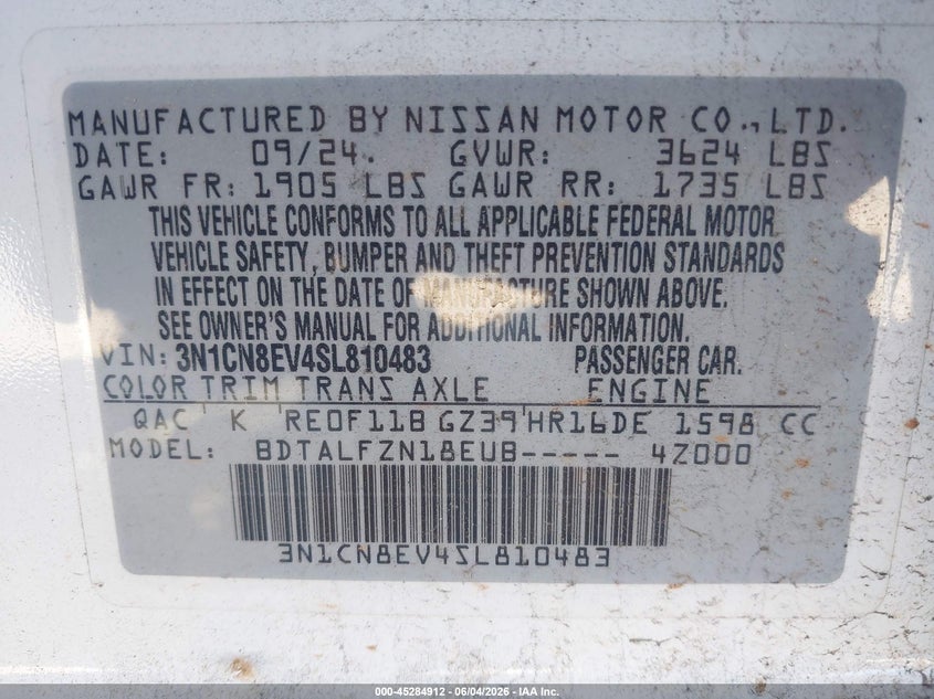 2025 Nissan Versa 1.6 Sv VIN: 3N1CN8EV4SL810483 Lot: 45284912