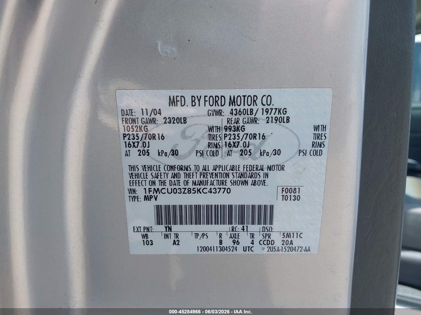 2005 Ford Escape Xlt VIN: 1FMCU03Z85KC43770 Lot: 45284966