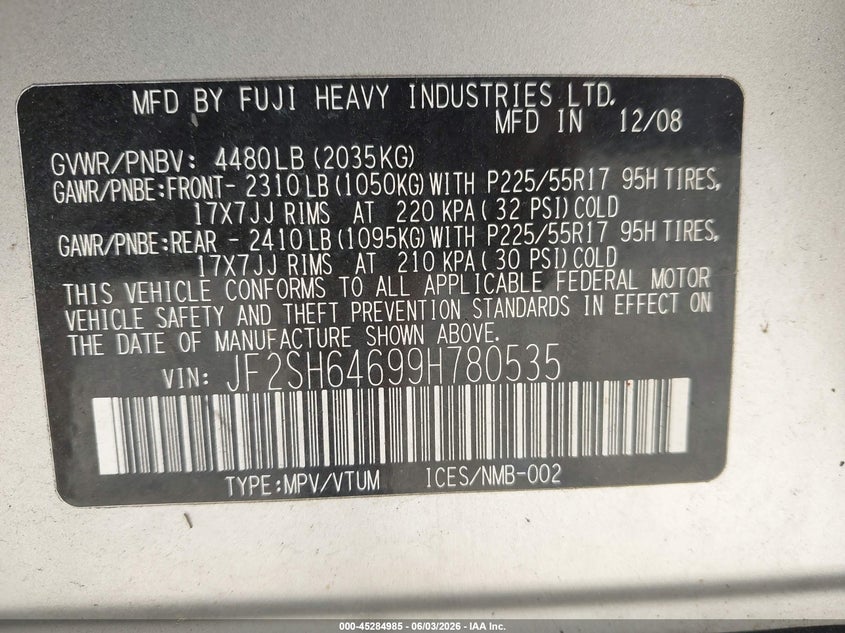 2009 Subaru Forester 2.5X Limited VIN: JF2SH64699H780535 Lot: 45284985