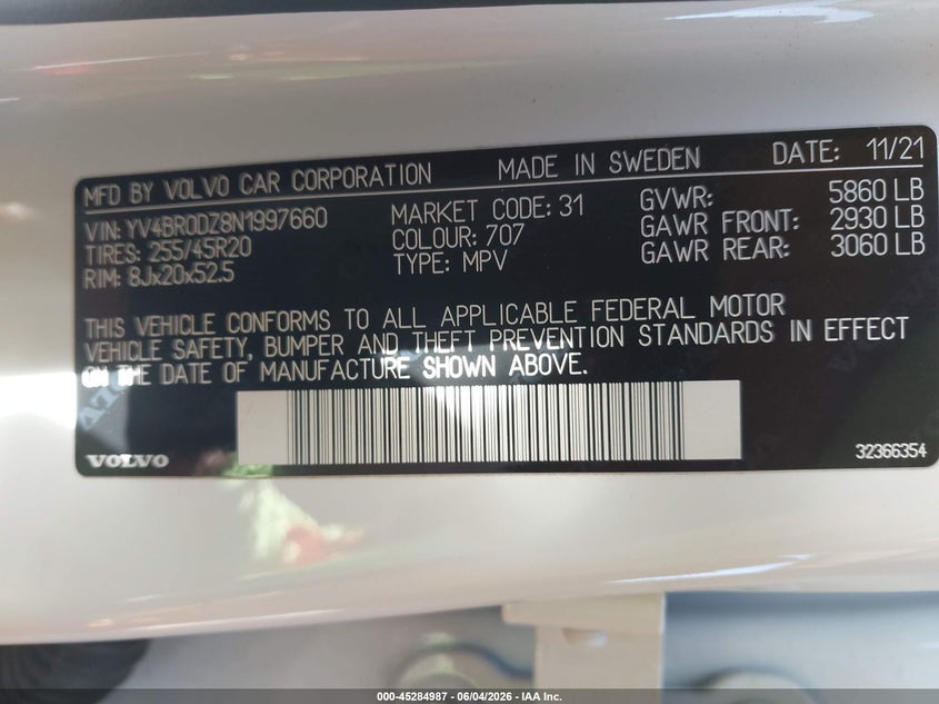 2022 Volvo Xc60 Recharge Plug-In Hybrid T8 Inscription Expression VIN: YV4BR0DZ8N1997660 Lot: 45284987