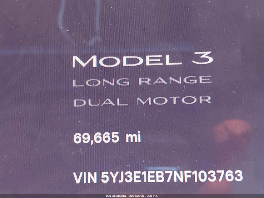 2022 Tesla Model 3 Long Range Dual Motor All-Wheel Drive VIN: 5YJ3E1EB7NF103763 Lot: 45284993
