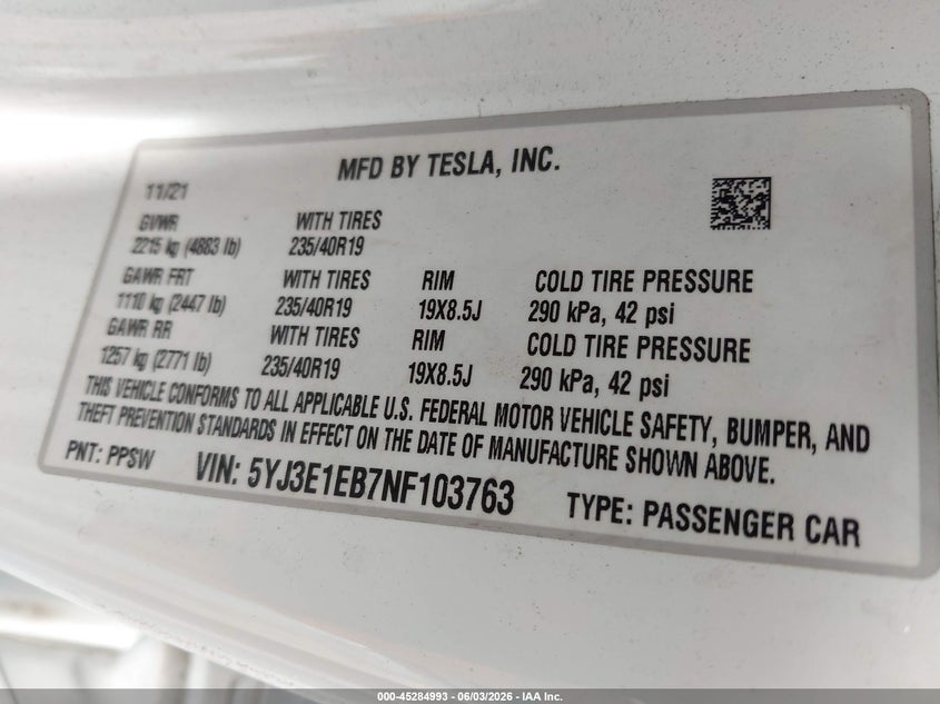 2022 Tesla Model 3 Long Range Dual Motor All-Wheel Drive VIN: 5YJ3E1EB7NF103763 Lot: 45284993
