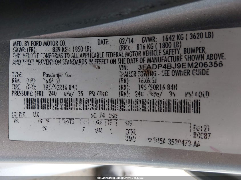 2014 Ford Fiesta Se VIN: 3FADP4BJ9EM206356 Lot: 45284998