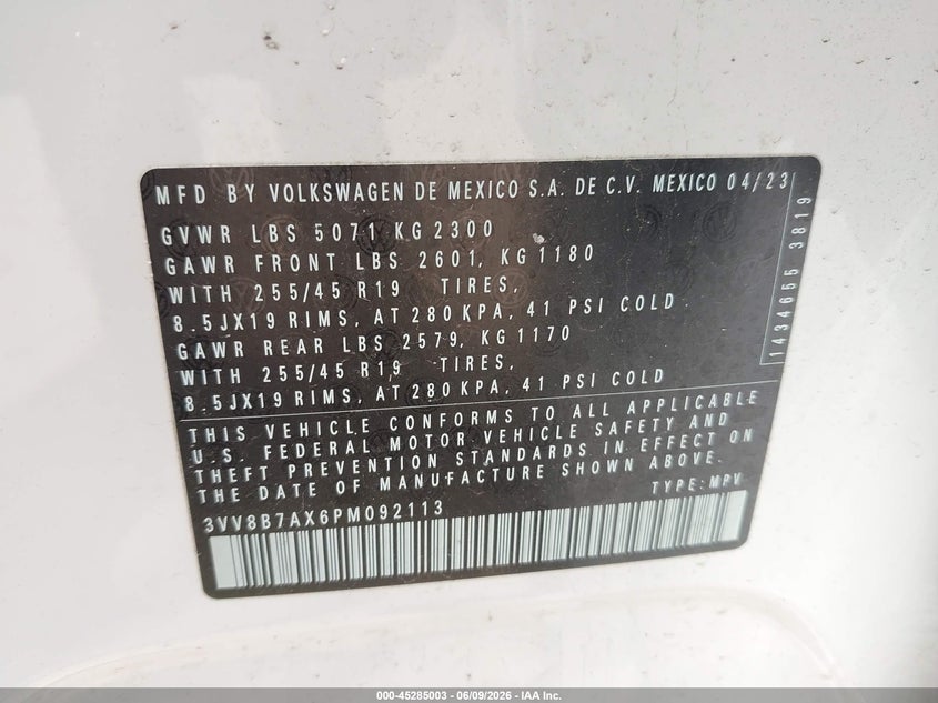 2023 VOLKSWAGEN TIGUAN 2.0L I-4 DI, DOHC, V(VIN: 3VV8B7AX6PM092113