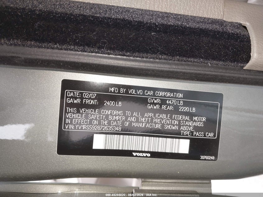 2007 Volvo S60 2.5T VIN: YV1RS592872635348 Lot: 45285020