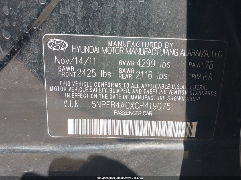 2012 Hyundai Sonata 2.4 Gls black Lot 111045285023 Vin 5NPEB4ACXCH419075