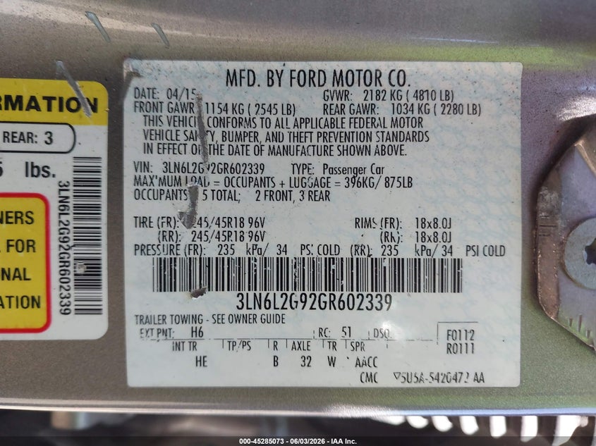 2016 Lincoln Mkz VIN: 3LN6L2G92GR602339 Lot: 45285073
