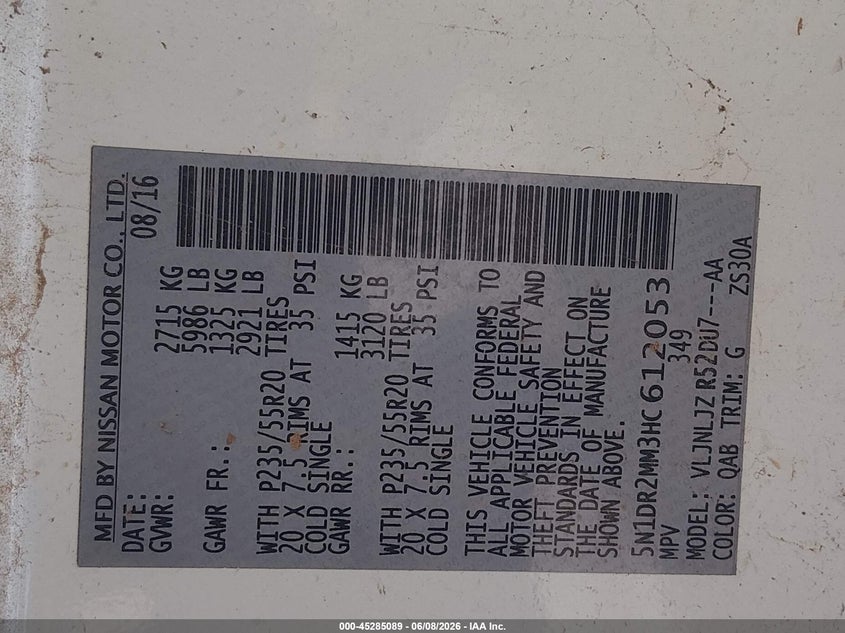 VIN 5N1DR2MM3HC612053 2017 NISSAN PATHFINDER PLATINUM