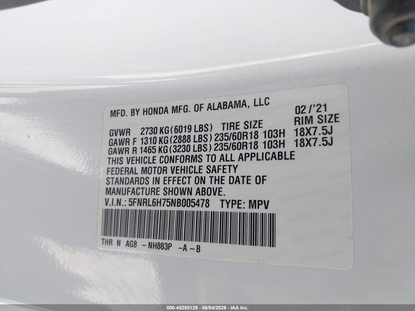 2022 Honda Odyssey Ex-L VIN: 5FNRL6H75NB005478 Lot: 45285126