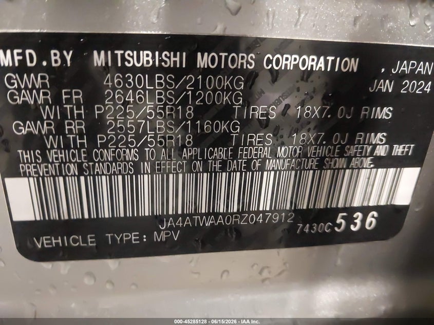 2024 Mitsubishi Eclipse Cross Se S-Awc VIN: JA4ATWAA0RZ047912 Lot: 45285128