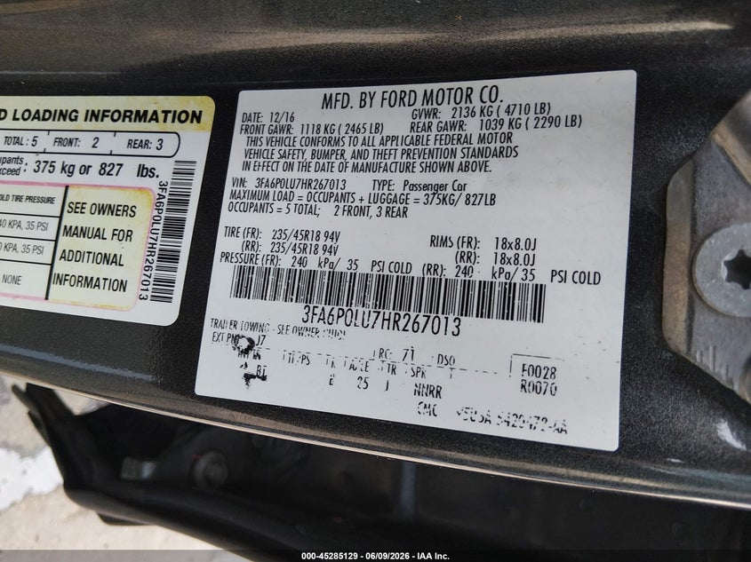 2017 Ford Fusion Hybrid Se VIN: 3FA6P0LU7HR267013 Lot: 45285129