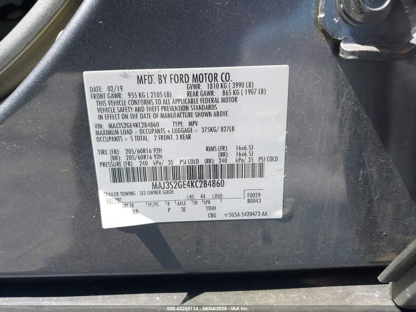 2019 Ford Ecosport Se VIN: MAJ3S2GE4KC284860 Lot: 45285134