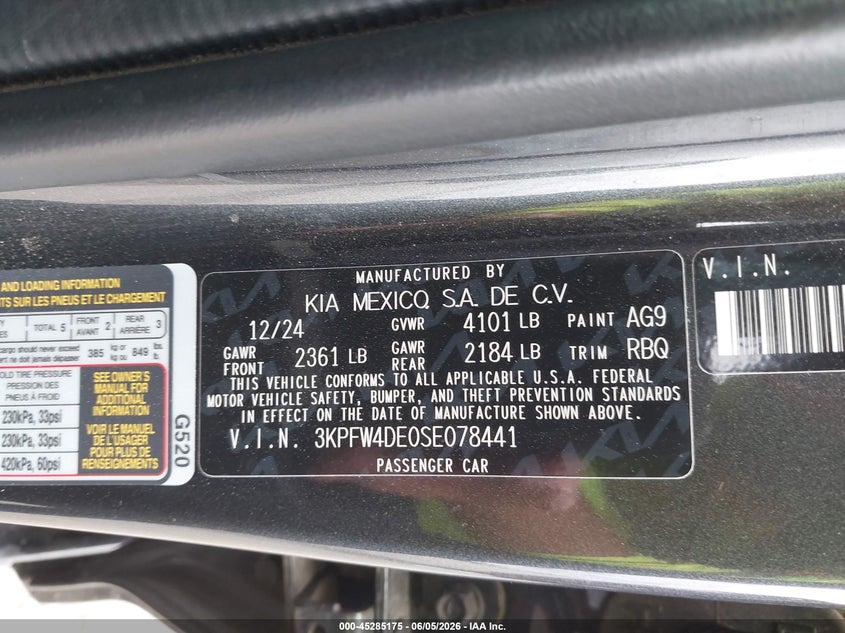 2025 KIA K4 2.0L I-4 DOHC, VVT, (VIN: 3KPFW4DE0SE078441