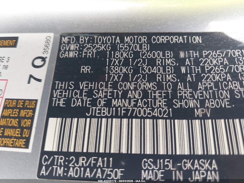 2007 Toyota Fj Cruiser VIN: JTEBU11F770054021 Lot: 45285176