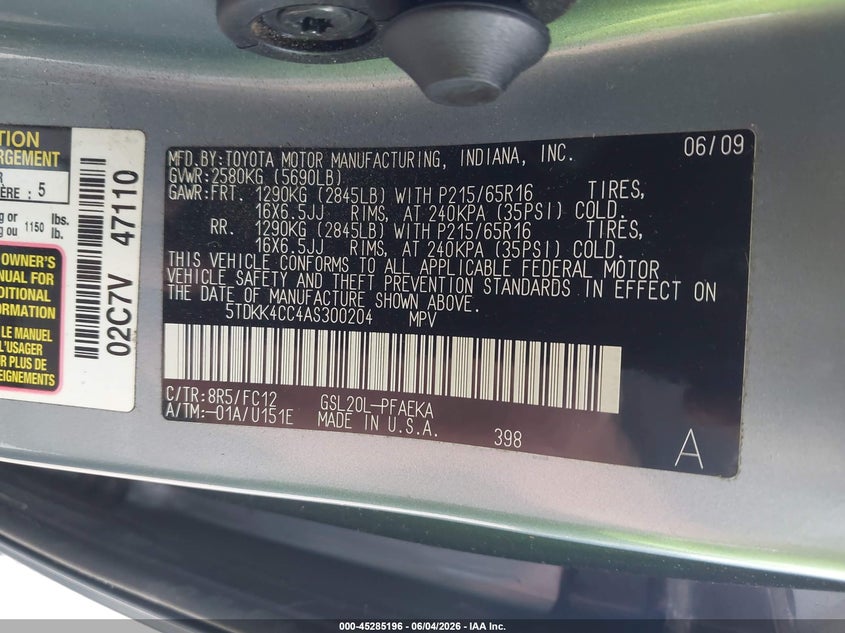 2010 Toyota Sienna Le VIN: 5TDKK4CC4AS300204 Lot: 45285196