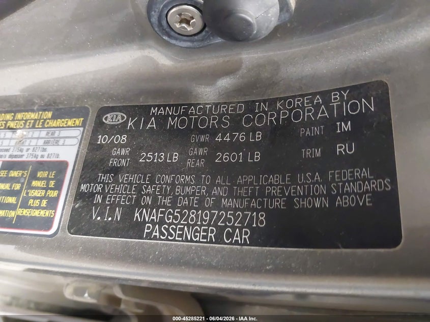 2009 Kia Rondo Lx VIN: KNAFG528197252718 Lot: 45285221