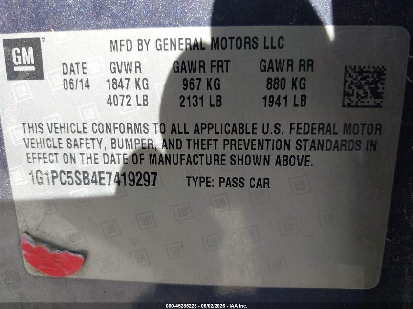 2014 Chevrolet Cruze 1Lt Auto VIN: 1G1PC5SB4E7419297 Lot: 45285228