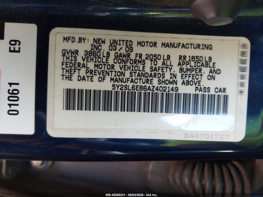 2010 Pontiac Vibe VIN: 5Y2SL6E86AZ402149 Lot: 45285231