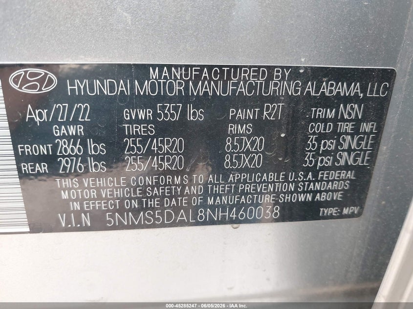 2022 HYUNDAI SANTA FE 2.5L I-4 DI, DOHC, V(VIN: 5NMS5DAL8NH460038