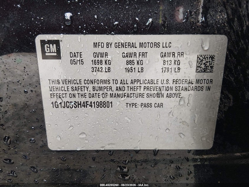 2015 Chevrolet Sonic Lt Auto VIN: 1G1JC5SH4F4198801 Lot: 45285260