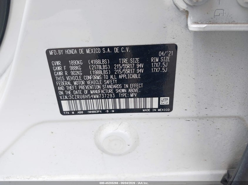2021 Honda Hr-V Awd Ex VIN: 3CZRU6H54MM737293 Lot: 45285266