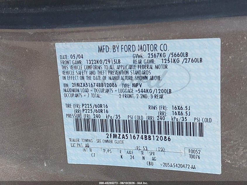 2004 Ford Freestar Se VIN: 2FMZA51674BB12086 Lot: 45285273