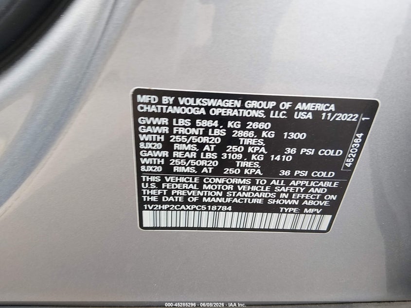 2023 VOLKSWAGEN ATLAS 2.0L I-4 DI, DOHC, V(VIN: 1V2HP2CAXPC518784