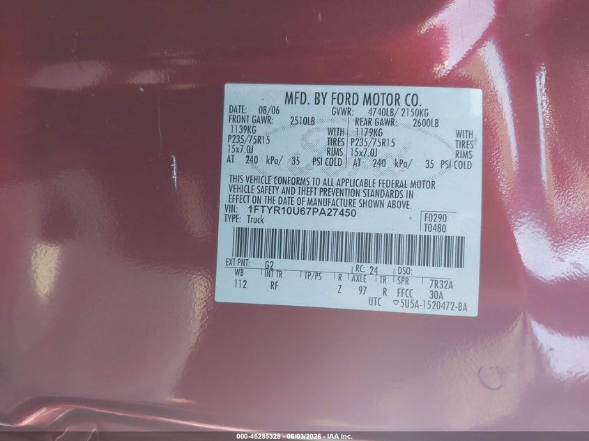 2007 Ford Ranger Sport/Stx/Xl/Xlt VIN: 1FTYR10U67PA27450 Lot: 45285328