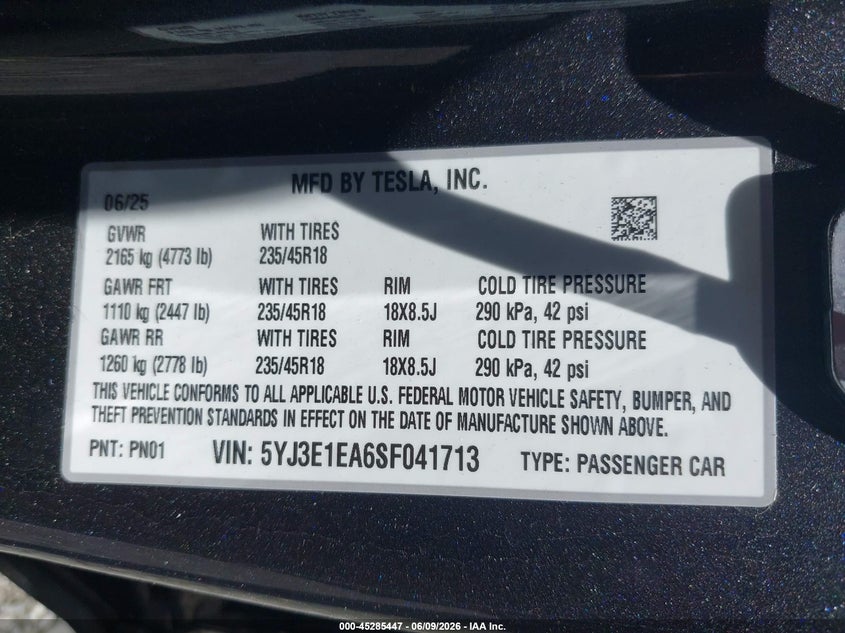 2025 TESLA MODEL 3 ELECTRIC(VIN: 5YJ3E1EA6SF041713