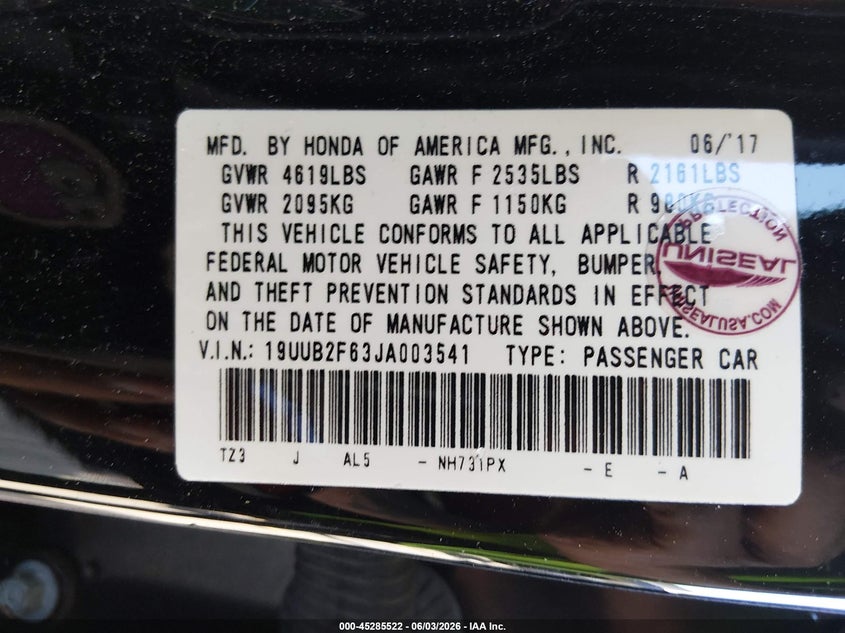 2018 Acura Tlx Tech A-Spec Pkgs VIN: 19UUB2F63JA003541 Lot: 45285522