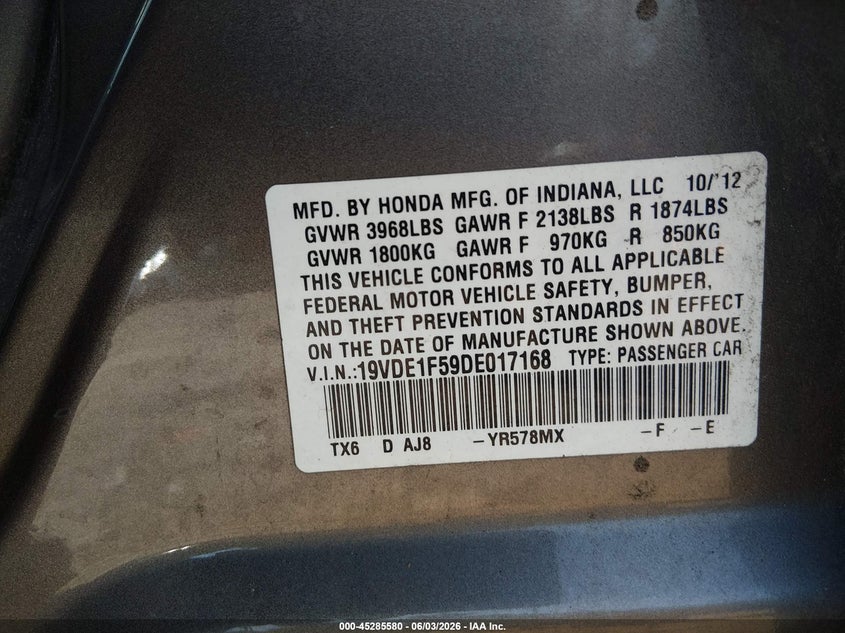 2013 Acura Ilx 2.0L VIN: 19VDE1F59DE017168 Lot: 45285580