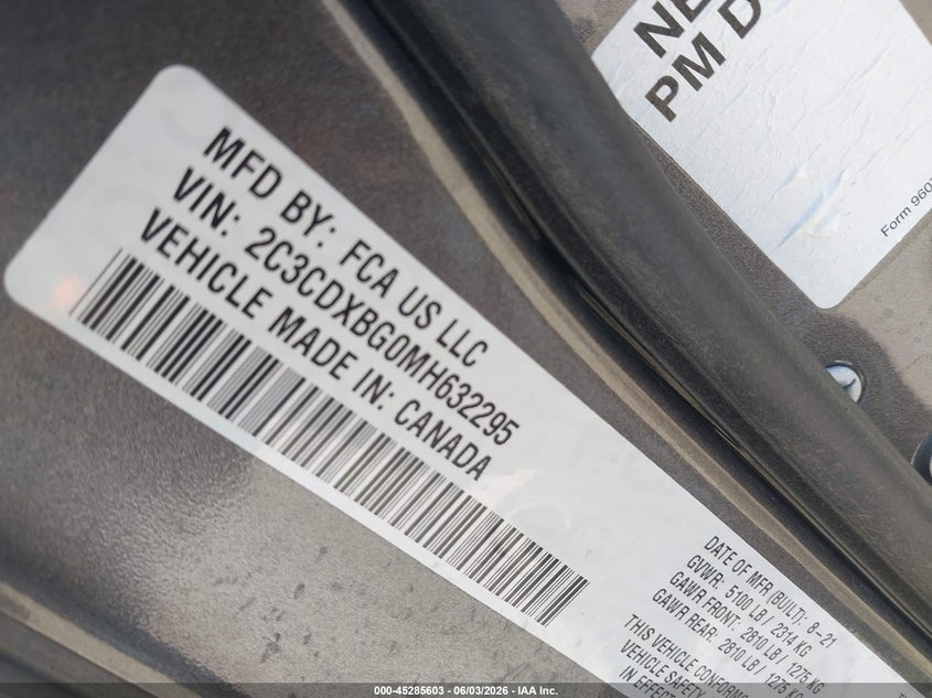 2021 Dodge Charger Sxt Rwd VIN: 2C3CDXBG0MH632295 Lot: 45285603