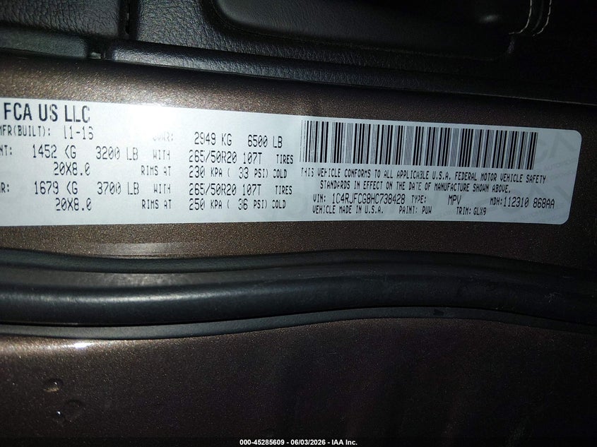 2017 Jeep Grand Cherokee Overland 4X4 VIN: 1C4RJFCG8HC738428 Lot: 45285609