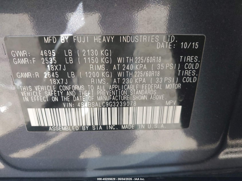 2016 Subaru Outback 2.5I Limited VIN: 4S4BSALC9G3239078 Lot: 45285629