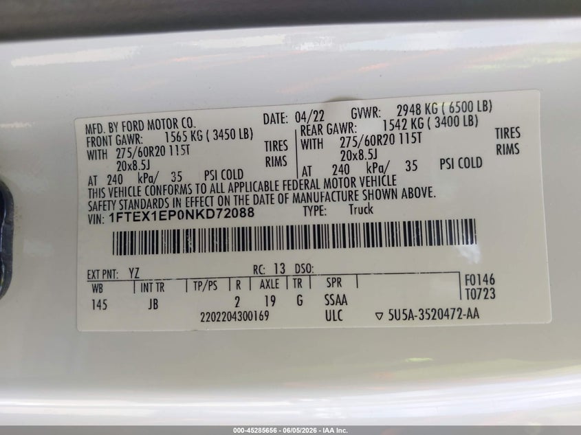 2022 FORD F-150 2.7L V-6 DI, DOHC, V(VIN: 1FTEX1EP0NKD72088