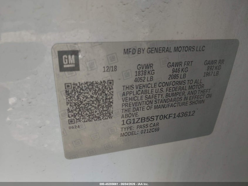 CHEVROLET MALIBU 2019 VIN 1G1ZB5ST0KF143612