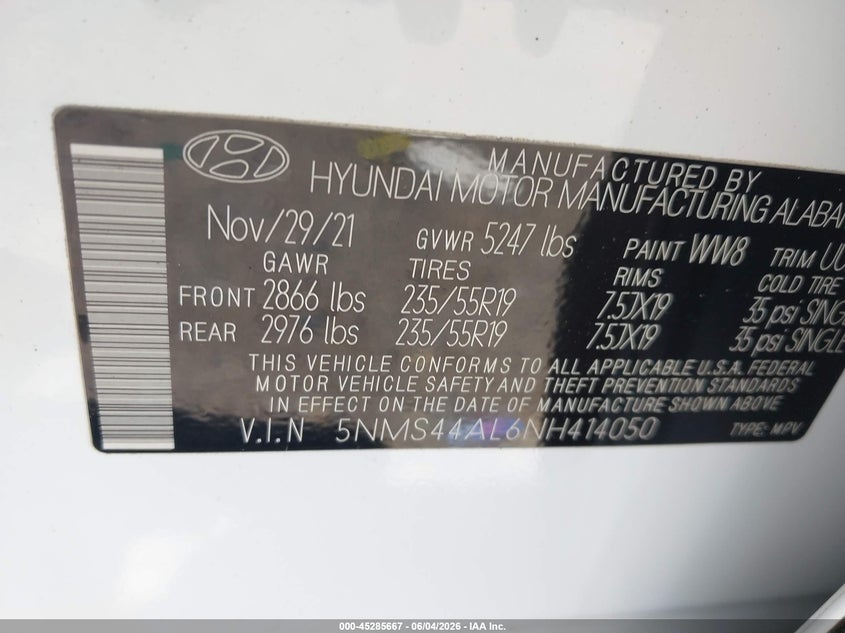 2022 Hyundai Santa Fe Limited VIN: 5NMS44AL6NH414050 Lot: 45285667