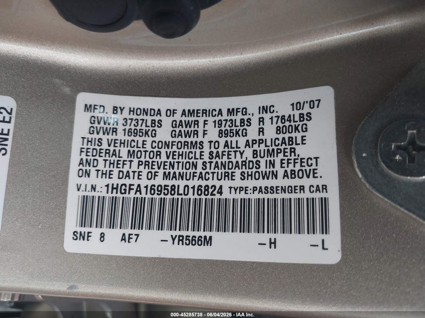 2008 Honda Civic Ex-L VIN: 1HGFA16958L016824 Lot: 45285738