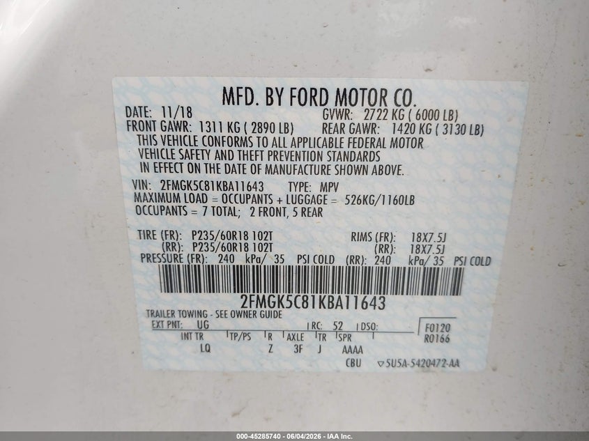 FORD FLEX 2019 VIN 2FMGK5C81KBA11643