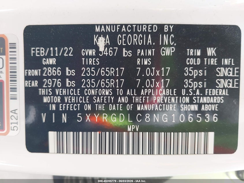 2022 Kia Sorento Lx VIN: 5XYRGDLC8NG106536 Lot: 45285779