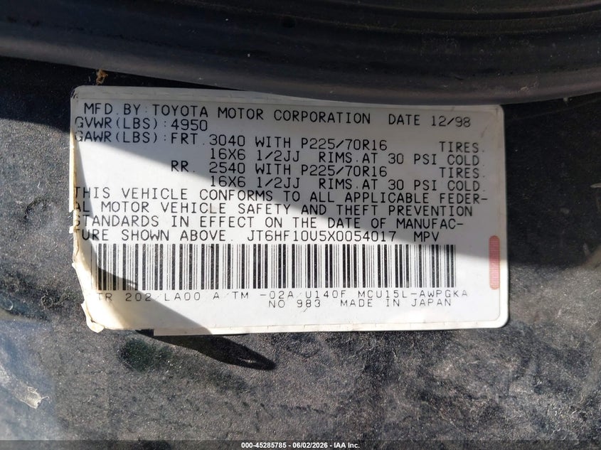 1999 Lexus Rx 300 VIN: JT6HF10U5X0054017 Lot: 45285785