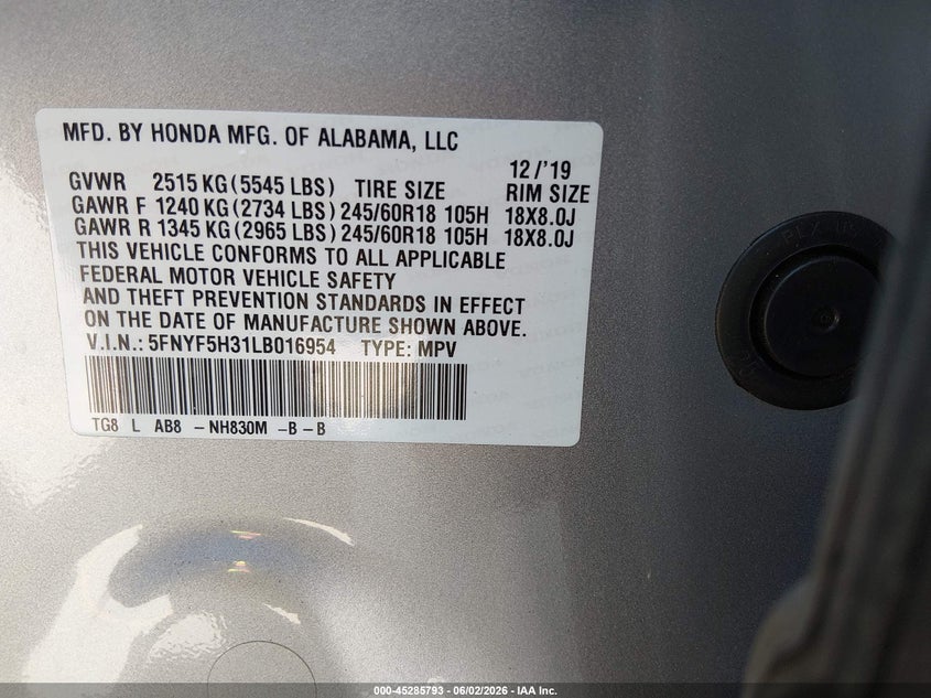 2020 Honda Pilot 2Wd Ex VIN: 5FNYF5H31LB016954 Lot: 45285793