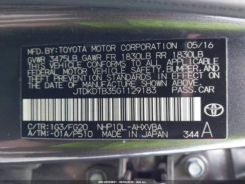 2016 Toyota Prius C Two VIN: JTDKDTB35G1129183 Lot: 45285801