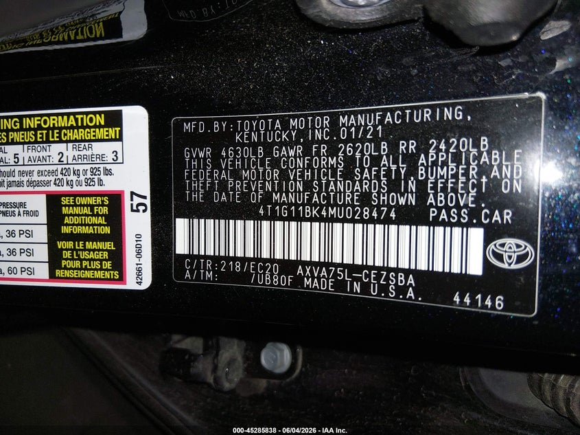 2021 Toyota Camry Se Nightshade Edition Awd VIN: 4T1G11BK4MU028474 Lot: 45285838